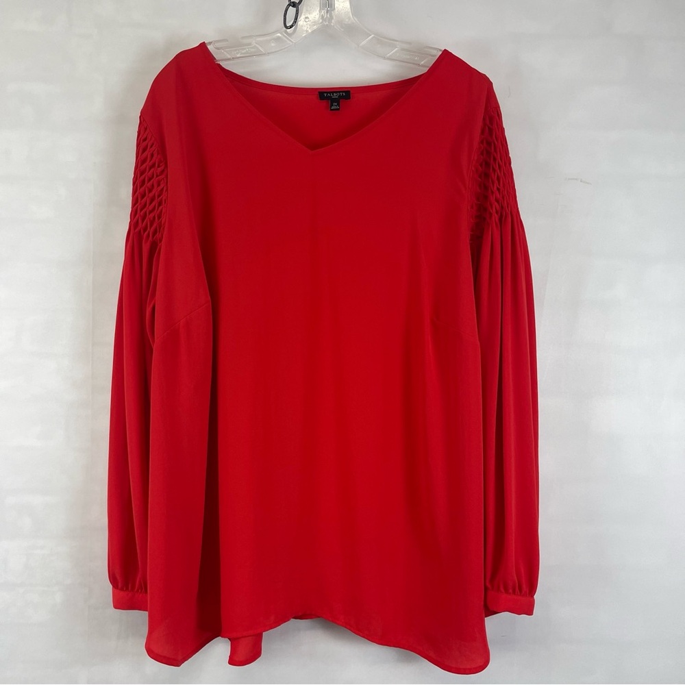 Talbots Plus Blouse 2X Red V Neck Long Sleeve Smocked‎ Detail Top
